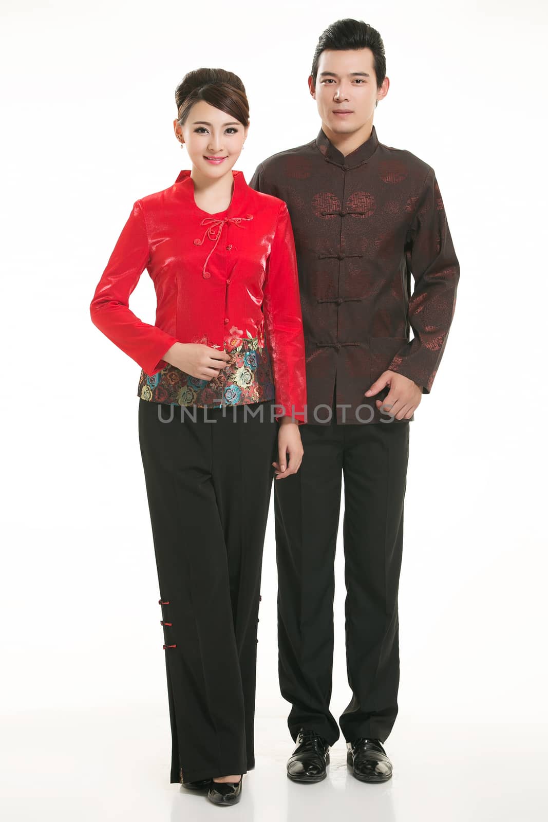 Wearing Chinese clothing waiter in front of a white background