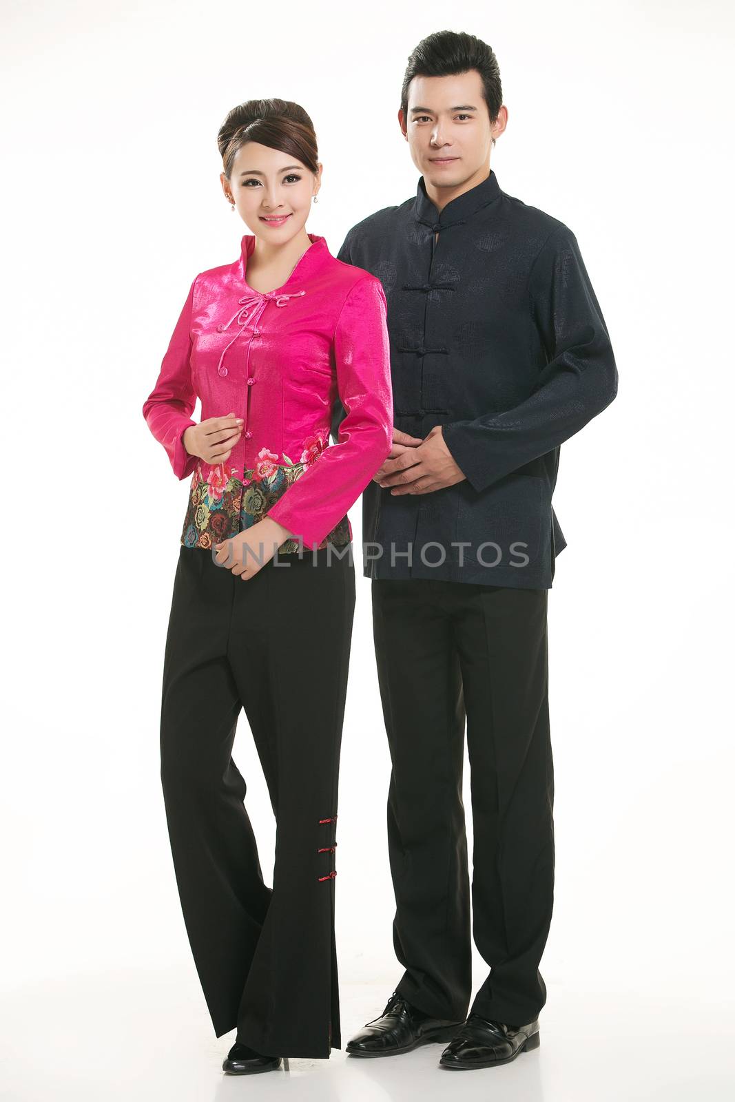 Wearing Chinese clothing waiter in front of a white background