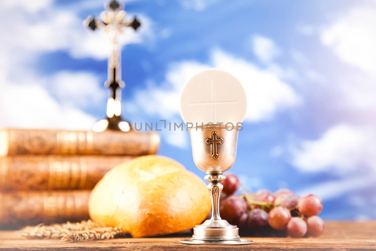 Communion wafer, bright background, saturated concept
