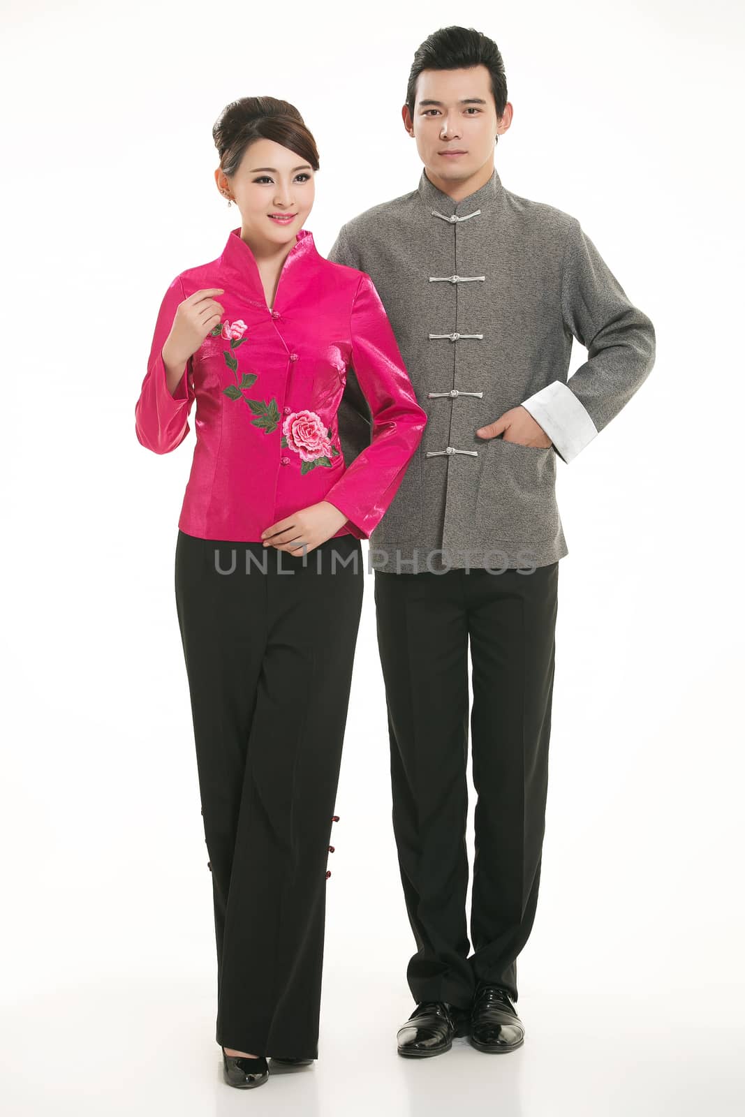 Wearing Chinese clothing waiter in front of a white background