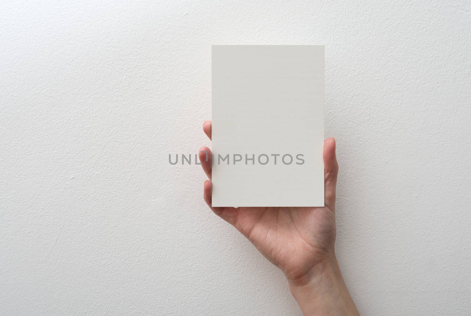 hand holding blank card on white background by DNKSTUDIO