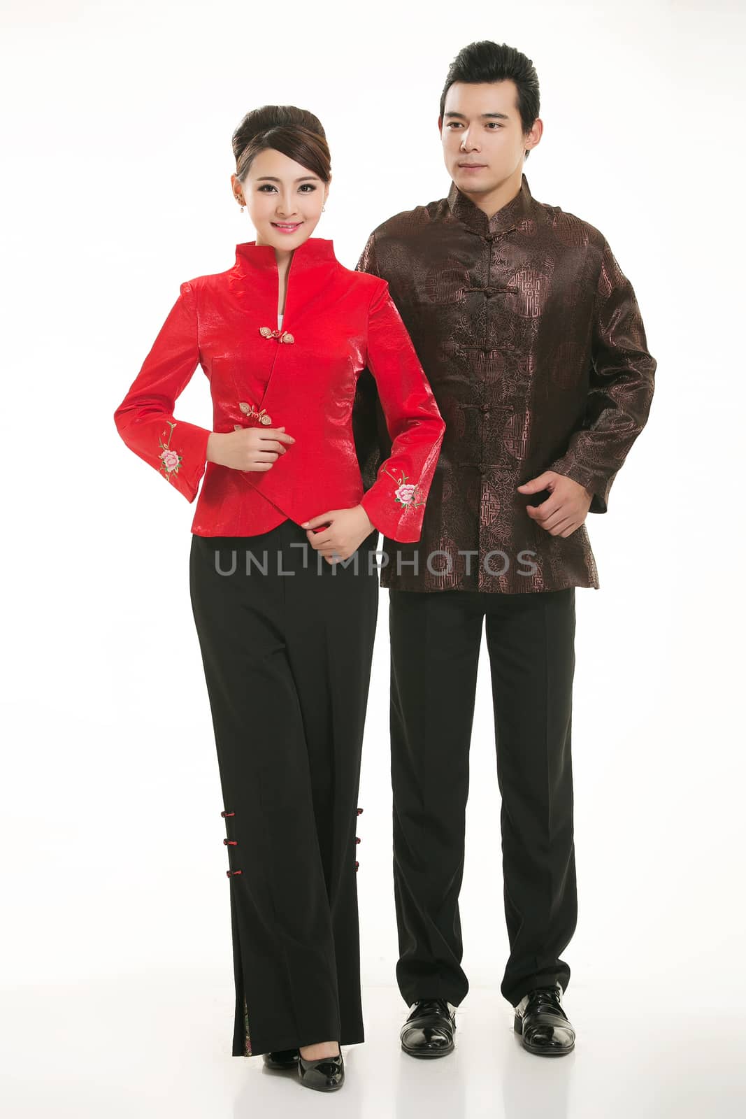 Wearing Chinese clothing waiter in front of a white background