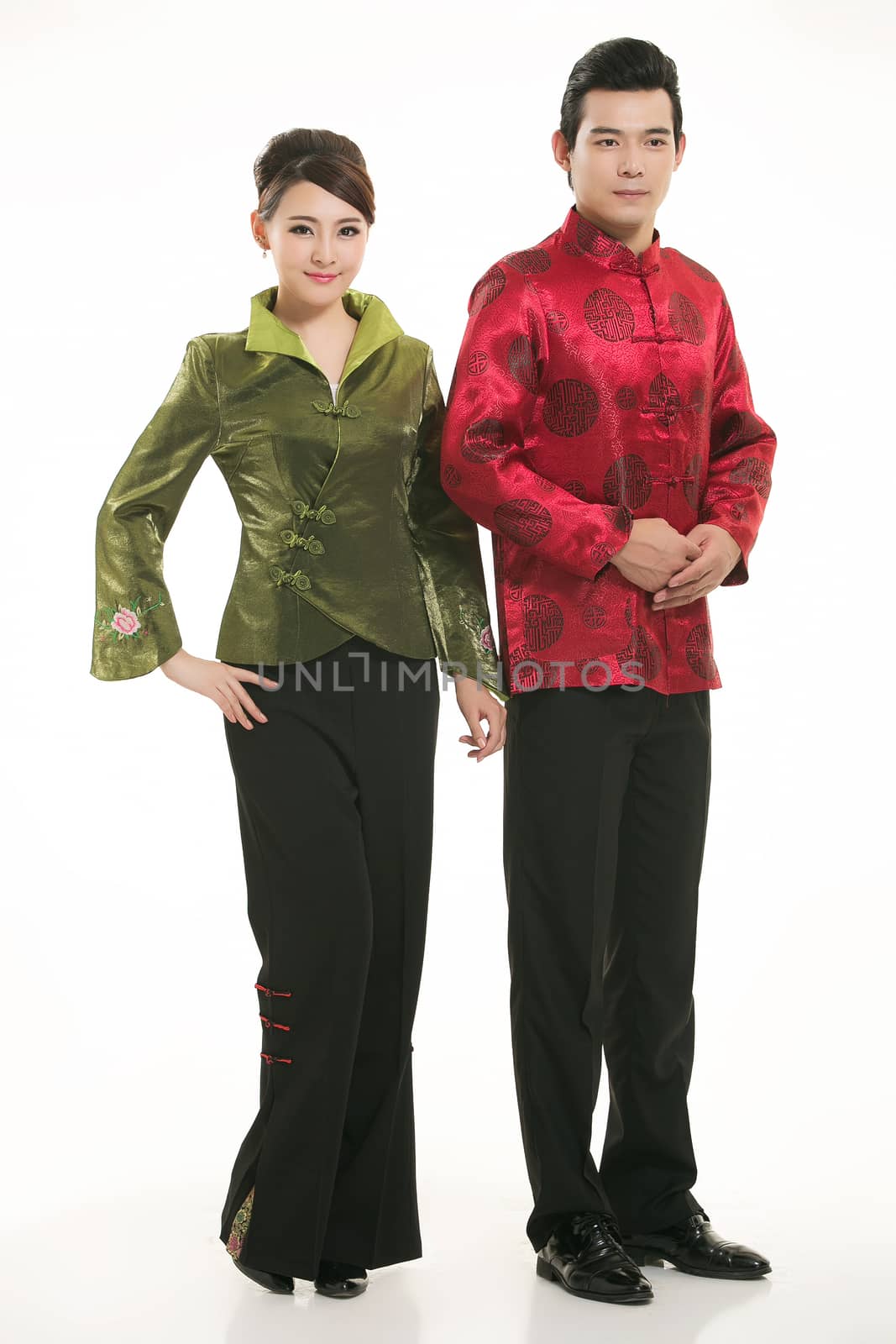 Wearing Chinese clothing waiter in front of a white background