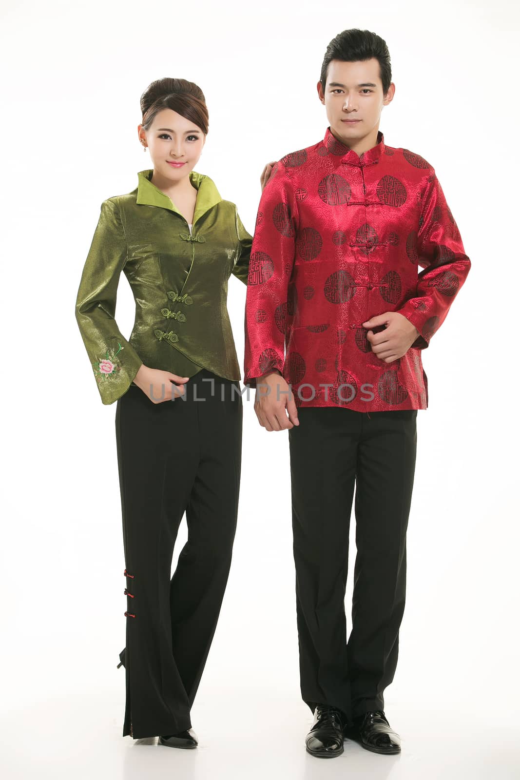 Wearing Chinese clothing waiter in front of a white background by quweichang