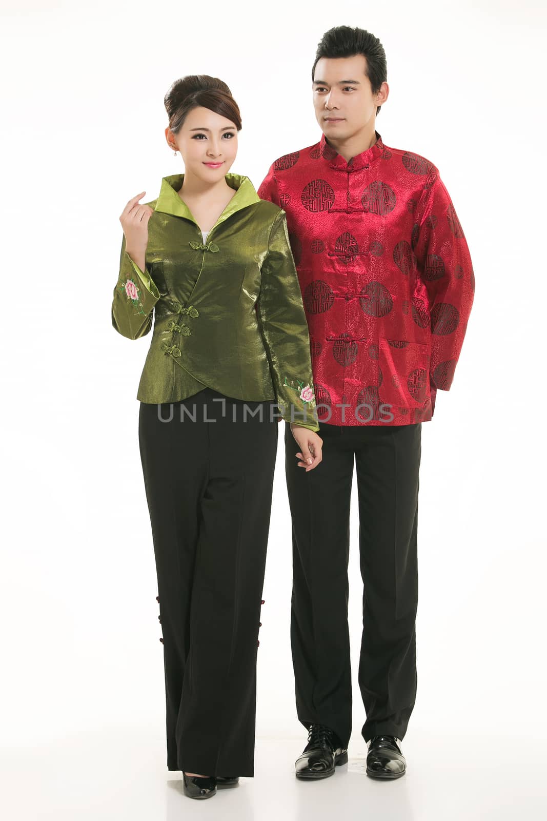 Wearing Chinese clothing waiter in front of a white background