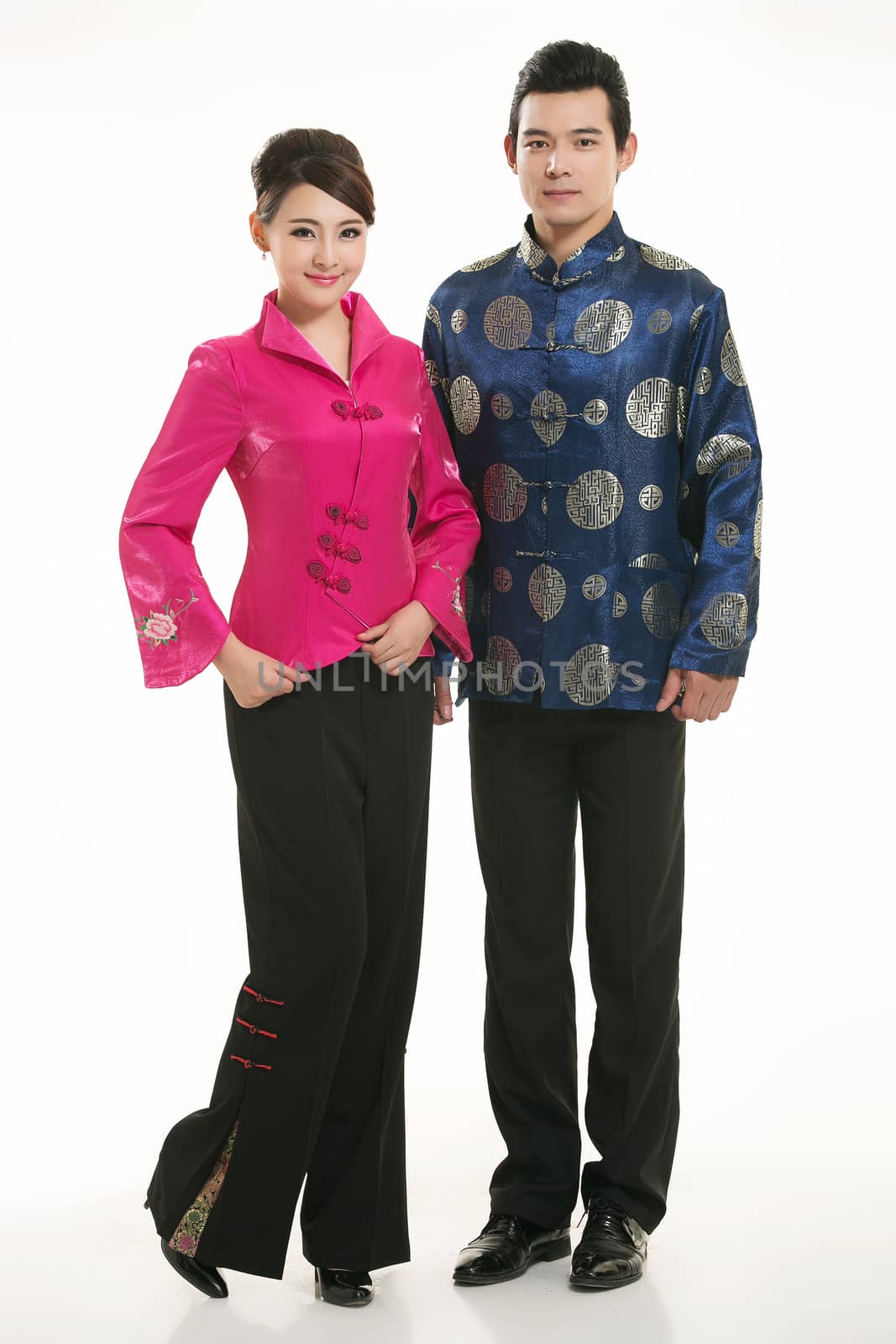 Wearing Chinese clothing waiter in front of a white background