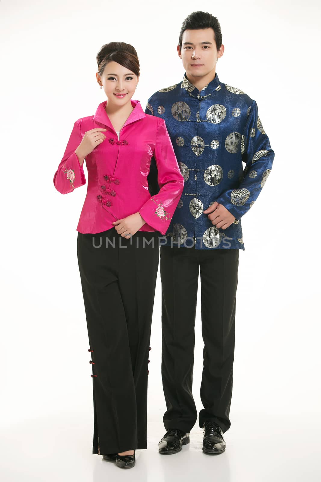 Wearing Chinese clothing waiter in front of a white background