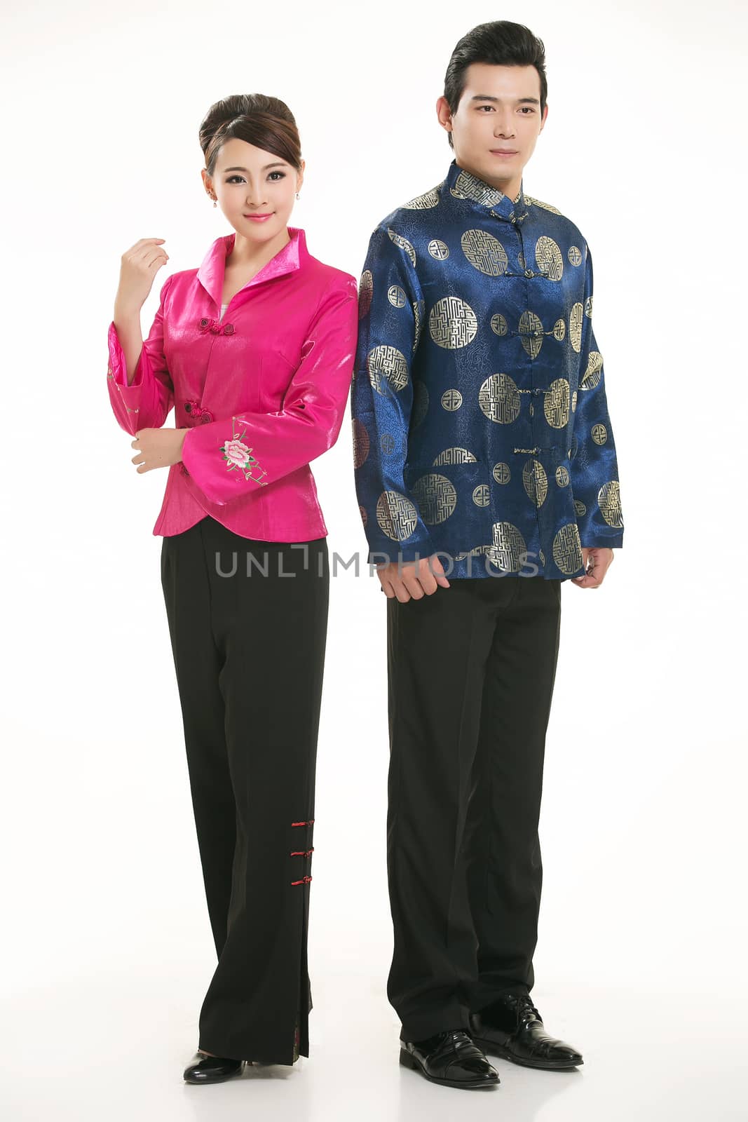 Wearing Chinese clothing waiter in front of a white background