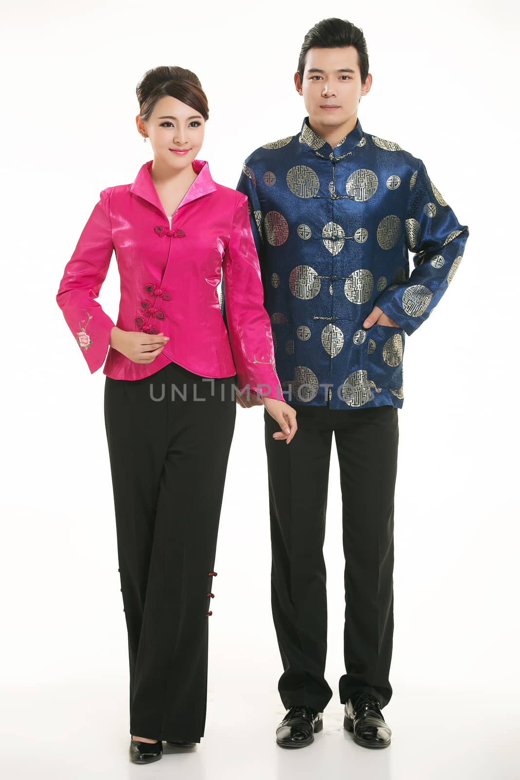 Wearing Chinese clothing waiter in front of a white background