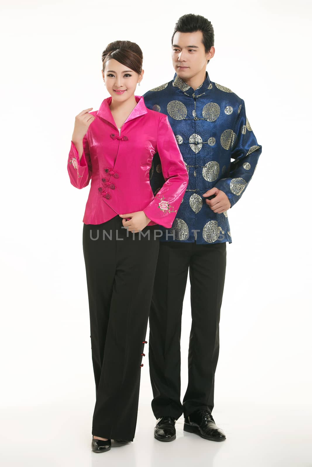 Wearing Chinese clothing waiter in front of a white background by quweichang