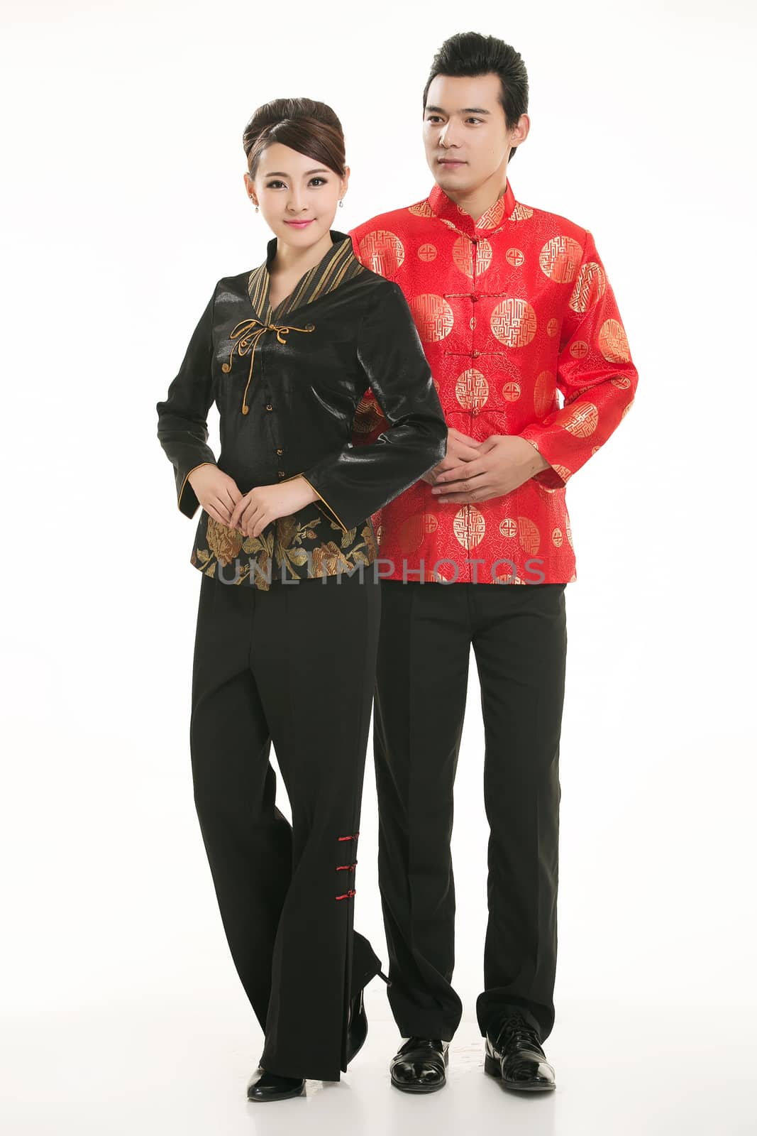 Wearing Chinese clothing waiter in front of a white background by quweichang