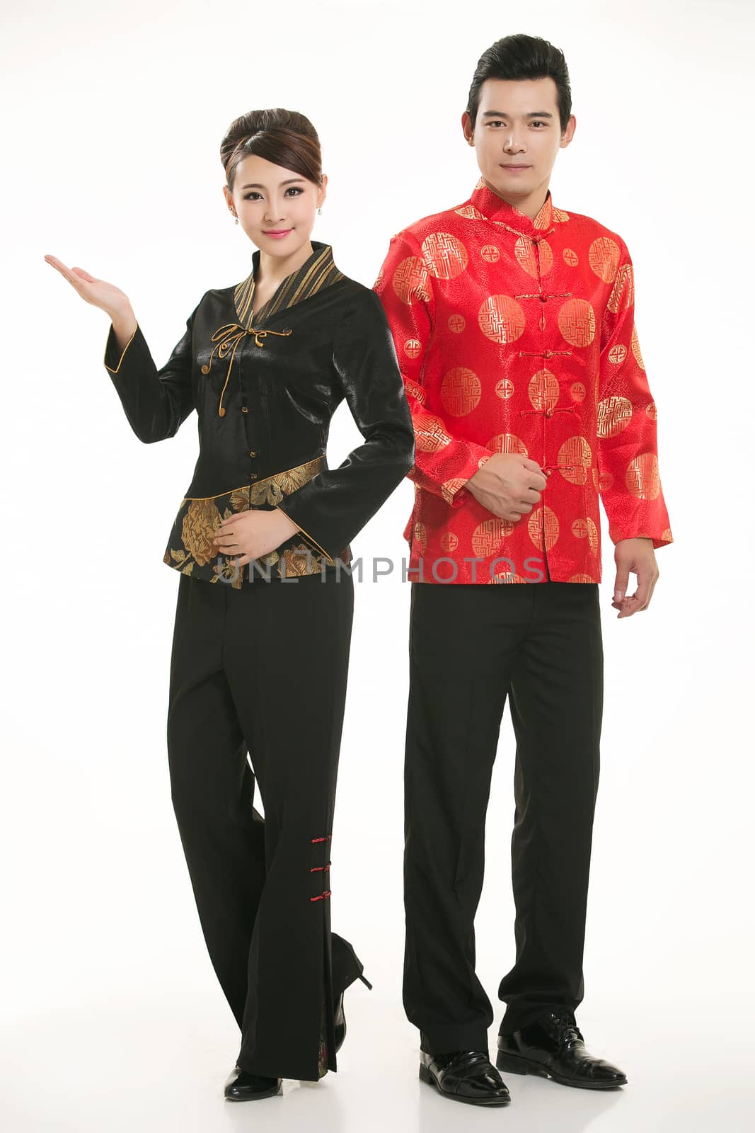 Wearing Chinese clothing waiter in front of a white background