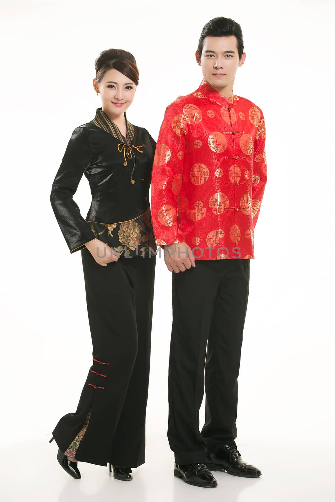 Wearing Chinese clothing waiter in front of a white background