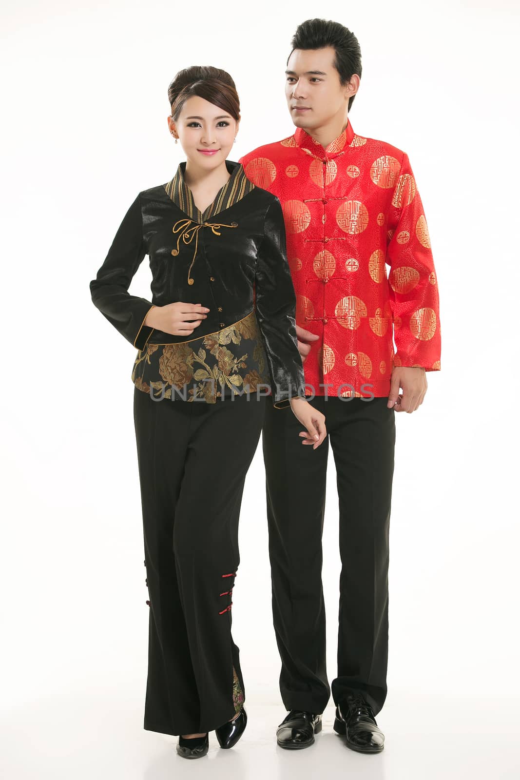 Wearing Chinese clothing waiter in front of a white background