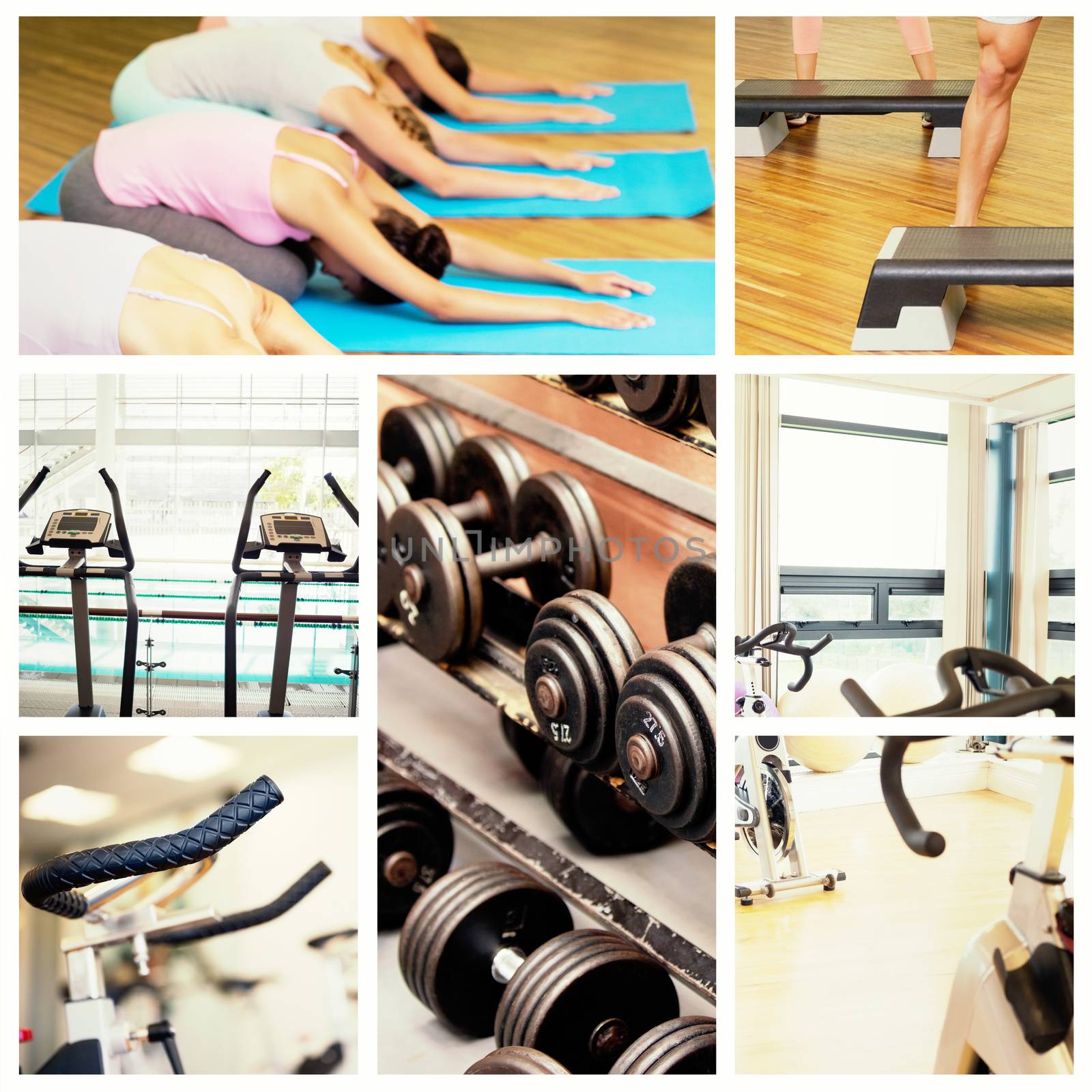 Yoga class in childs pose in fitness studio against cross trainer machines overlooking large swimming pool