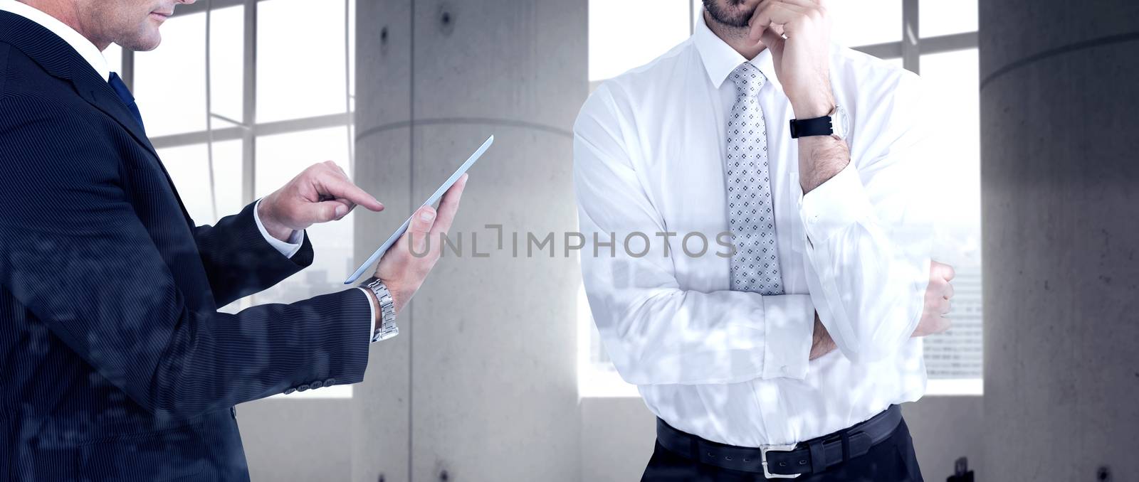 Composite image of portrait of a businessman with glasses thinking  by Wavebreakmedia
