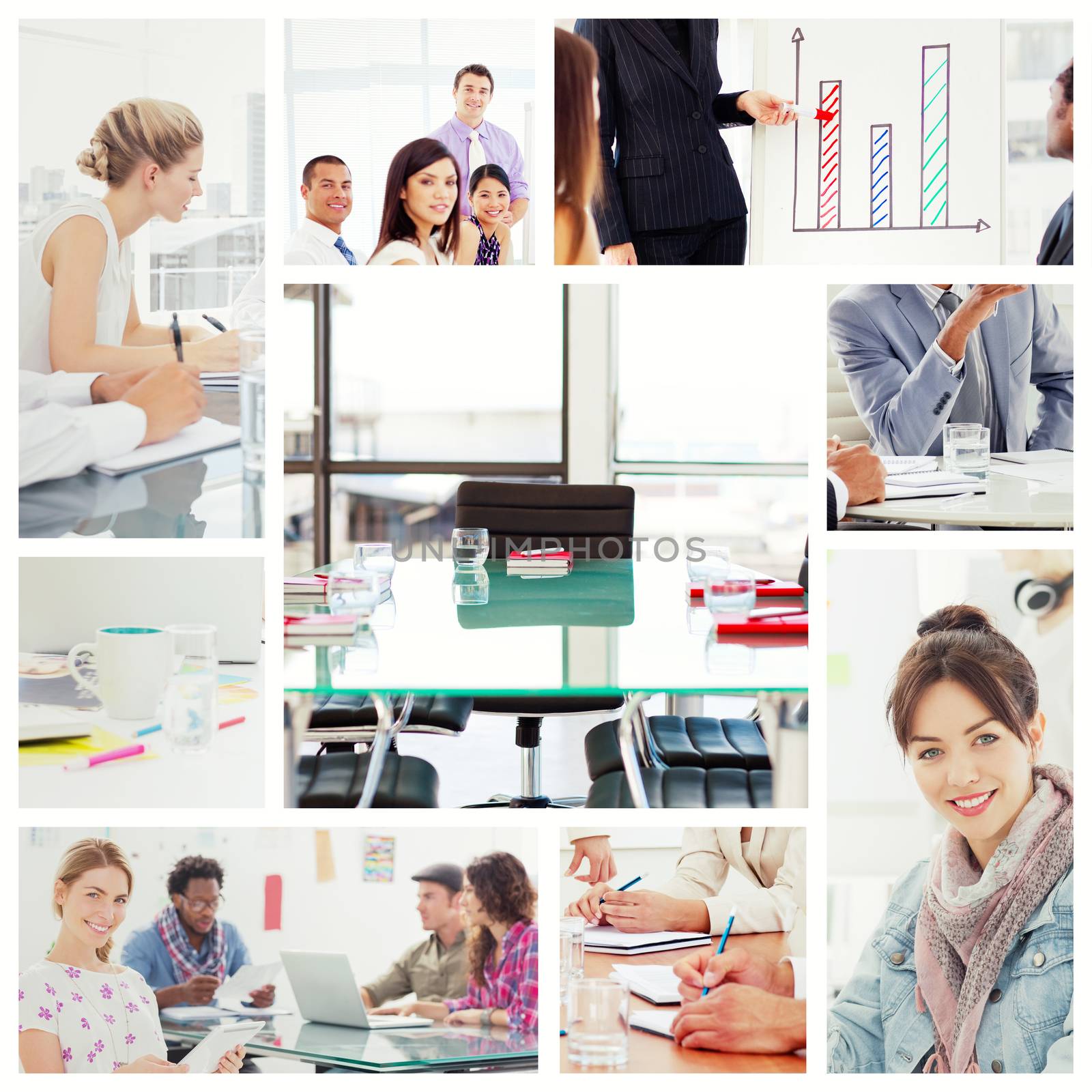 Editor holding tablet and smiling as team works behind her against empty corporate meeting room 