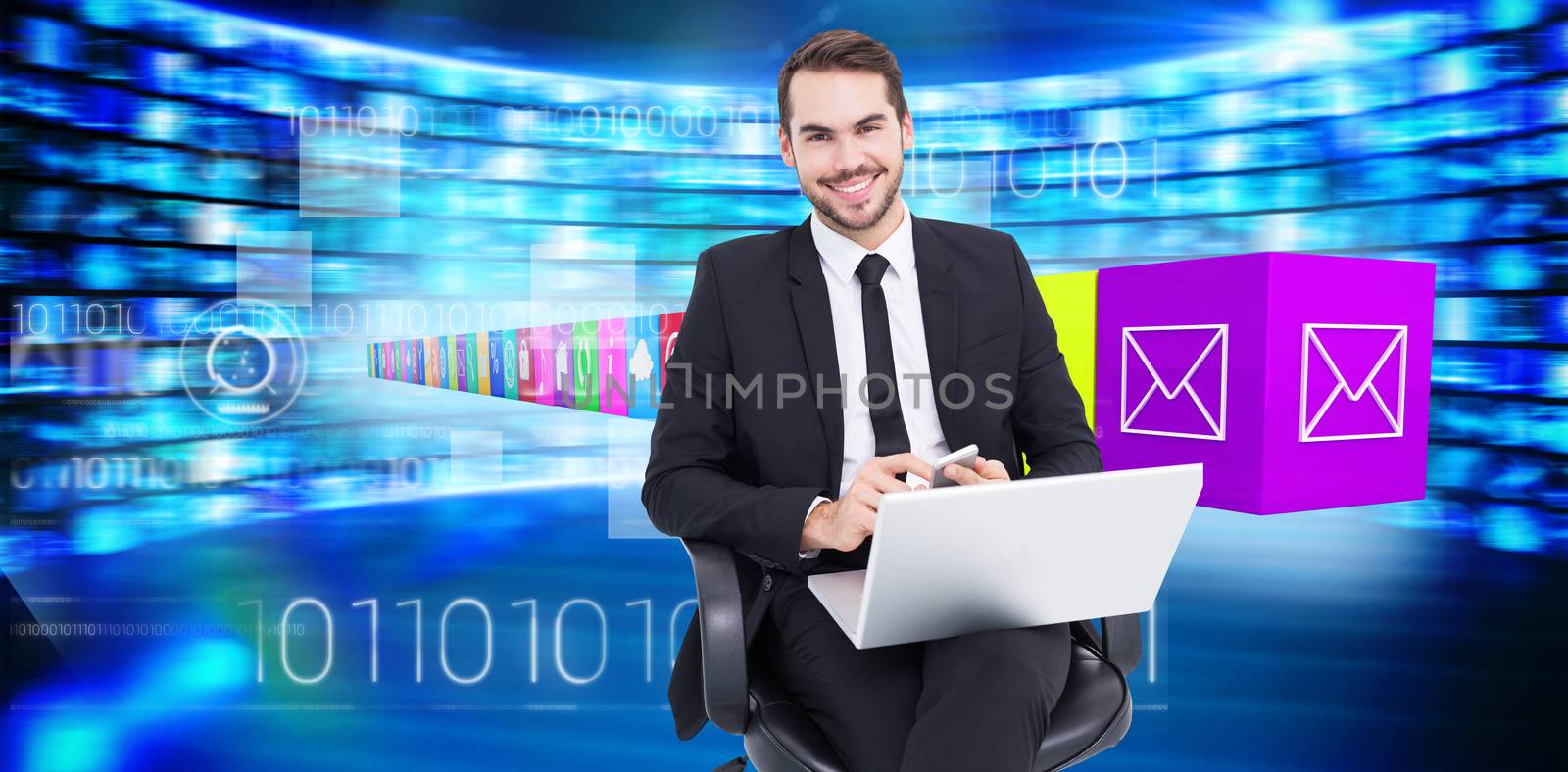 Composite image of happy businessman with laptop using smartphone by Wavebreakmedia