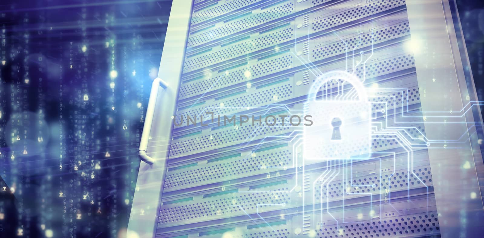 Digitally generated black and blue matrix against composite image of server tower