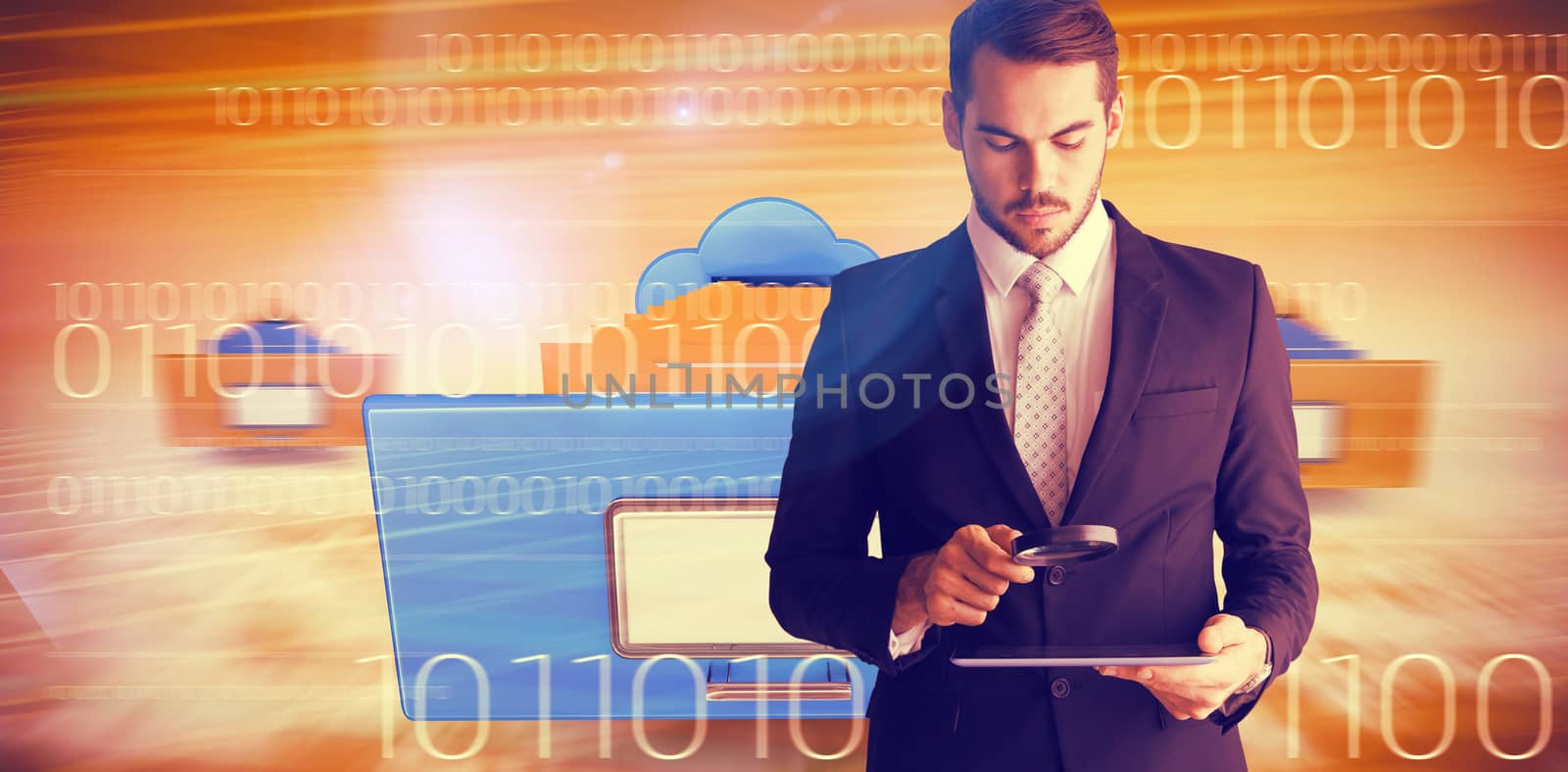 Concentrated businessman using magnifying glass against composite image of cloud computing drawer