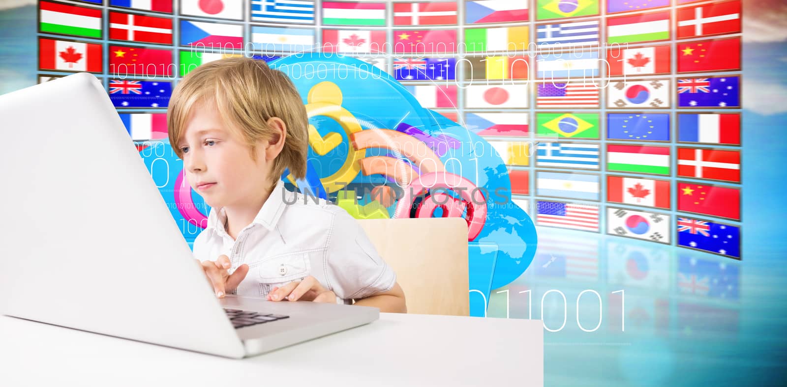 Cute boy using laptop against composite image of cloud computing drawer