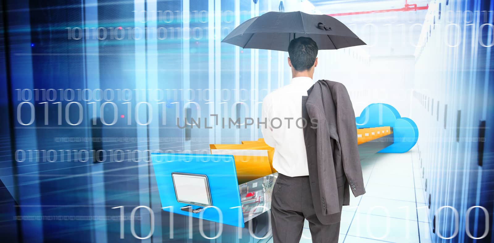 Businessman standing back to camera holding umbrella and jacket on shoulder against composite image of cloud computing drawer