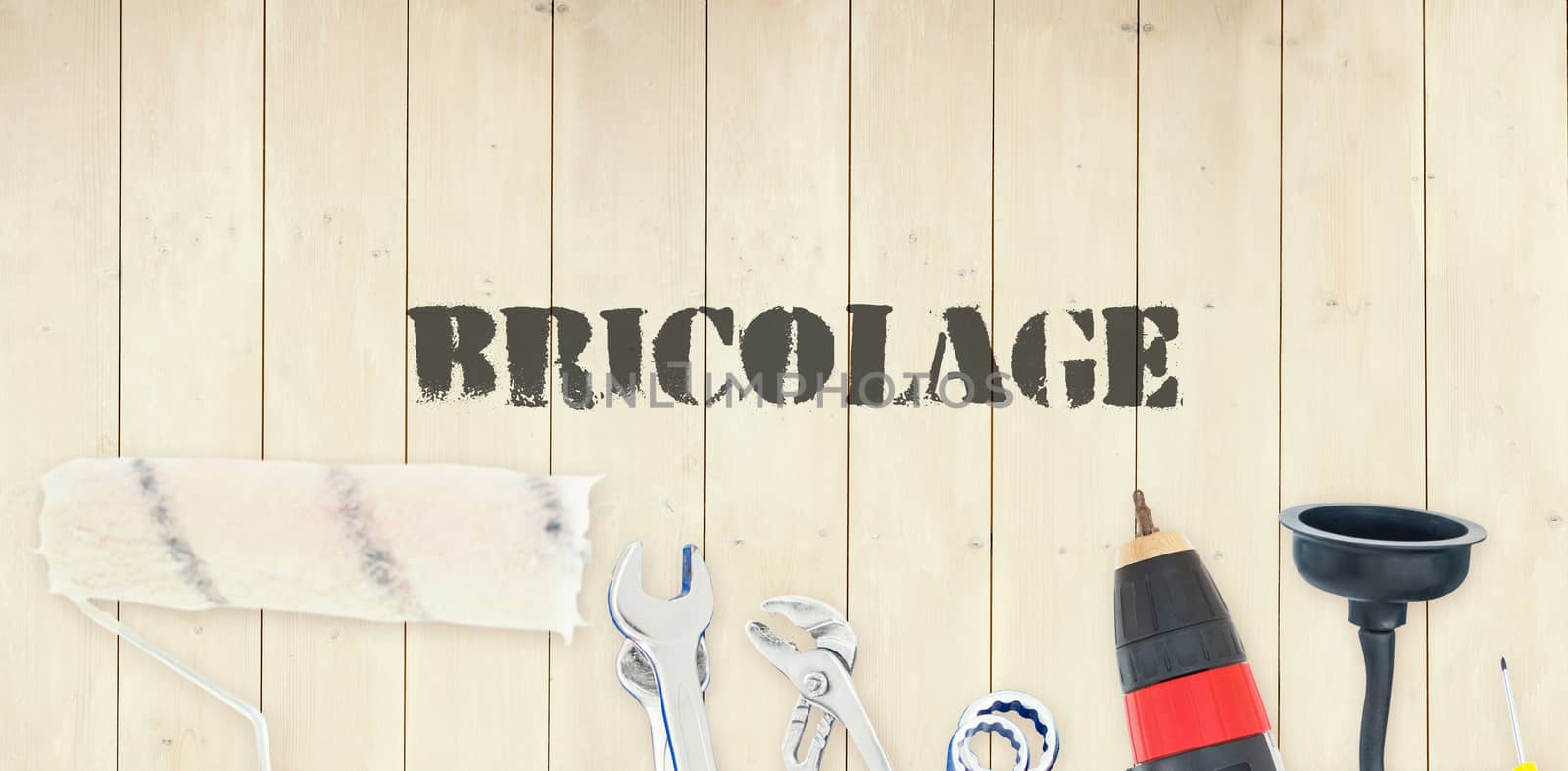 The word bricolage against diy tools on wooden background