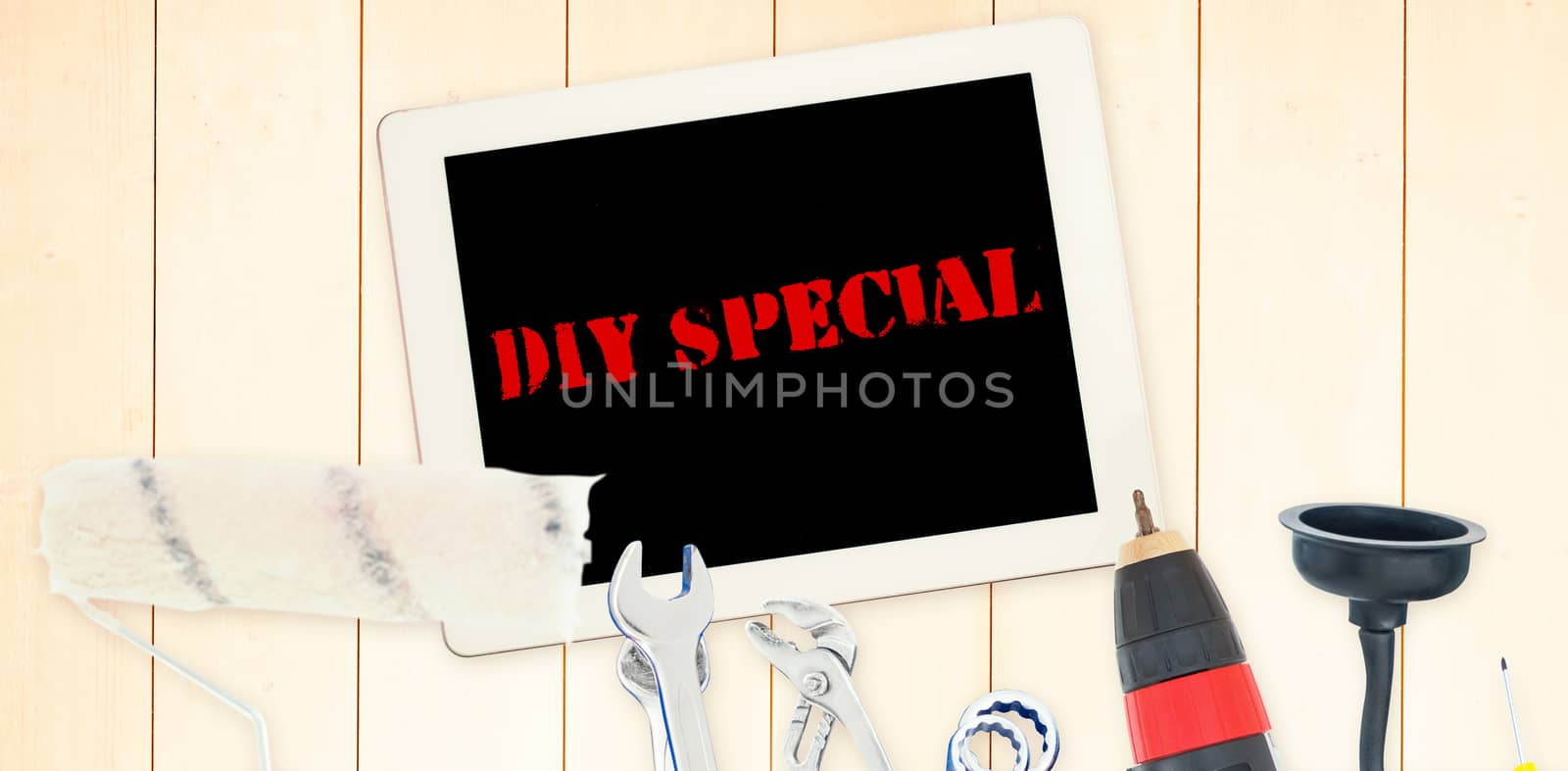 The word diy special against tools and tablet on wooden background