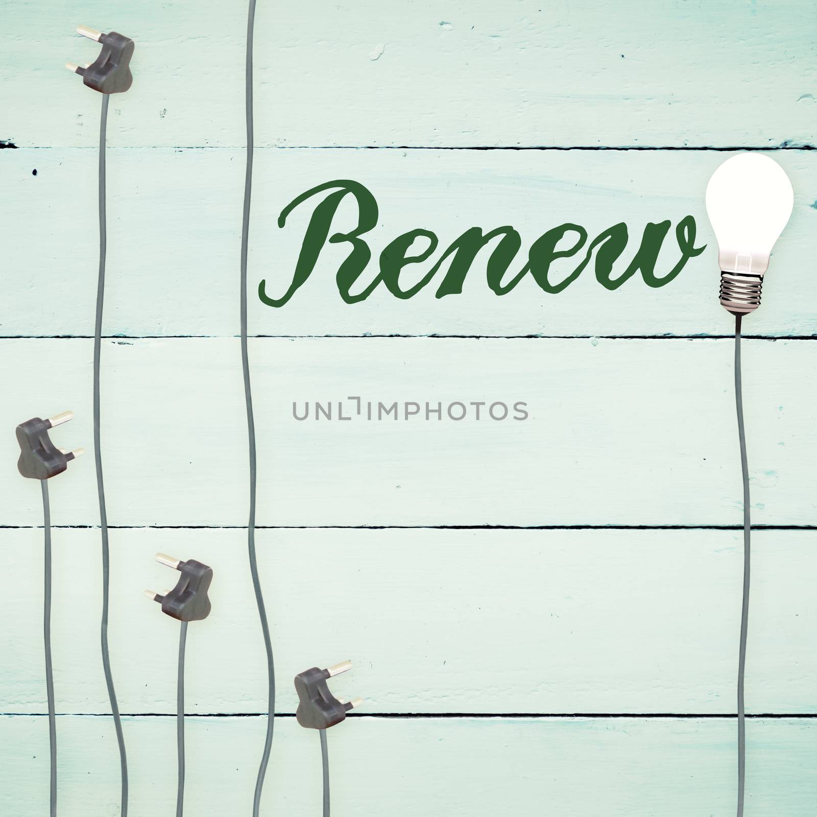 Renew against light bulbs on wooden background by Wavebreakmedia