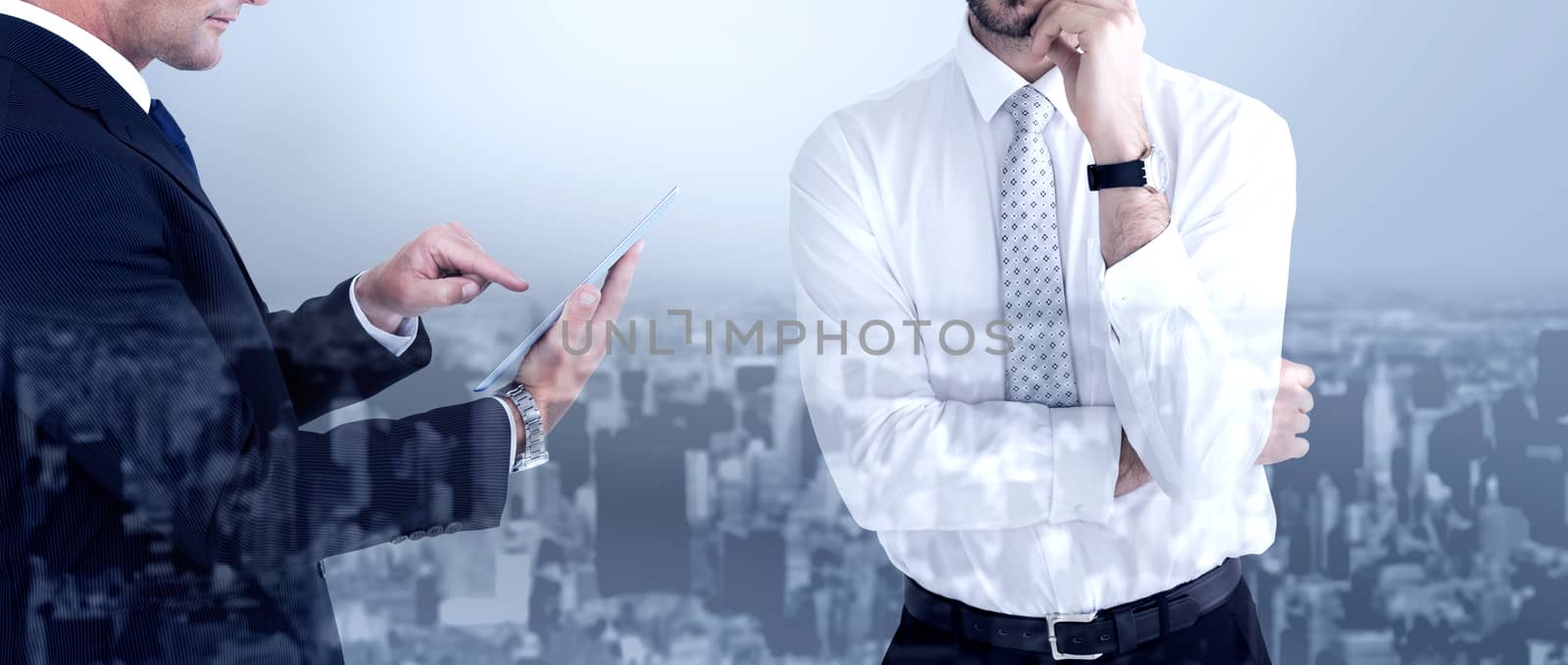 Portrait of a businessman with glasses thinking  against high angle view of city