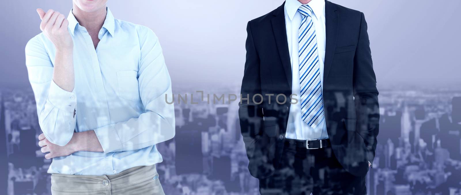 Smiling businesswoman looking at camera against high angle view of city