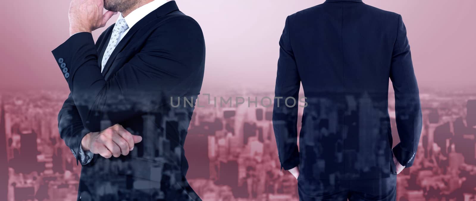 Rear view of handsome businessman  against high angle view of city