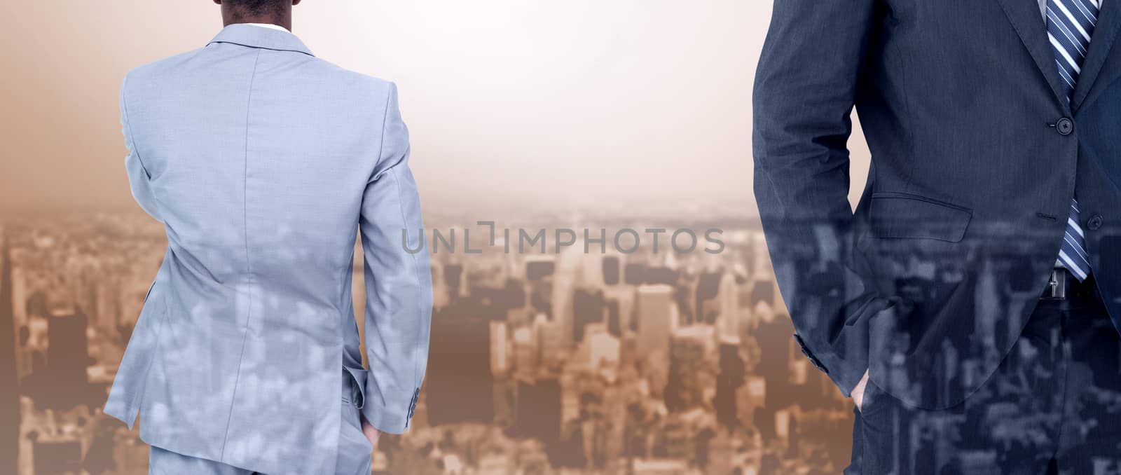 Thinking businessman against high angle view of city