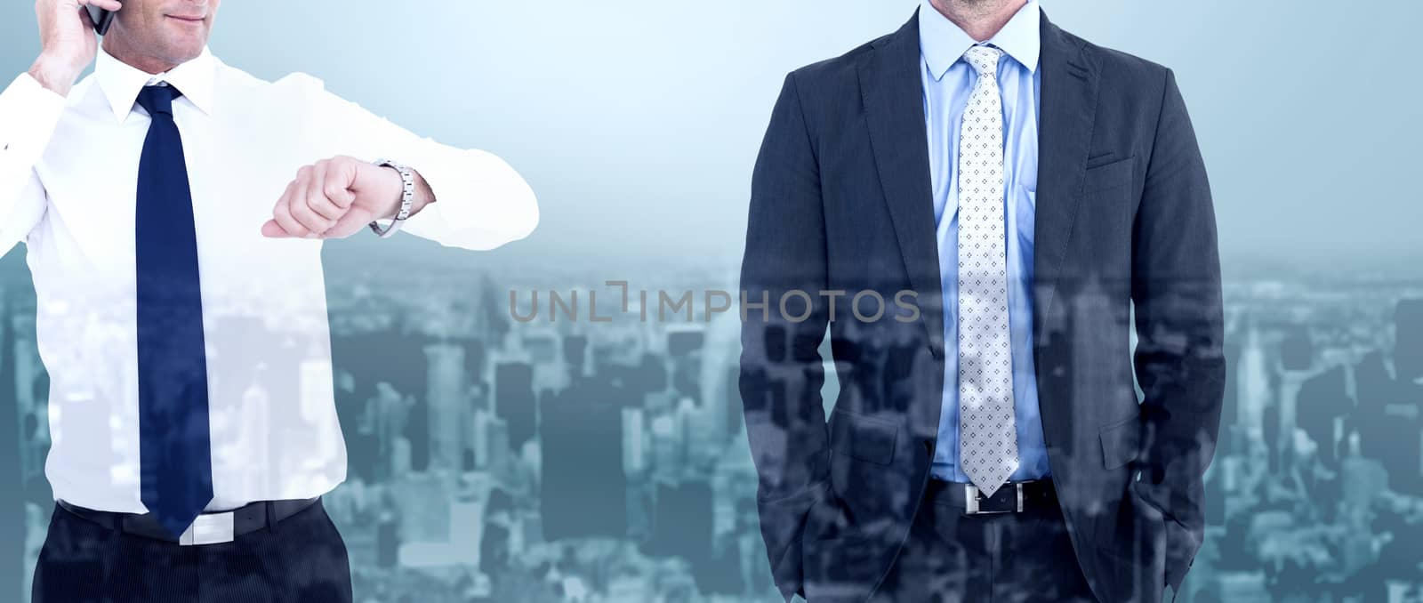 Composite image of businessman on the phone looking at his wrist watch by Wavebreakmedia