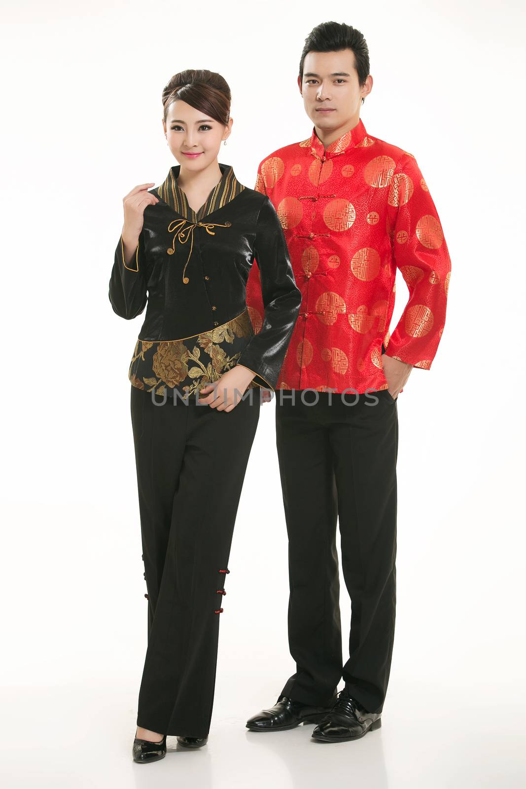 Wearing Chinese clothing waiter in front of a white background by quweichang