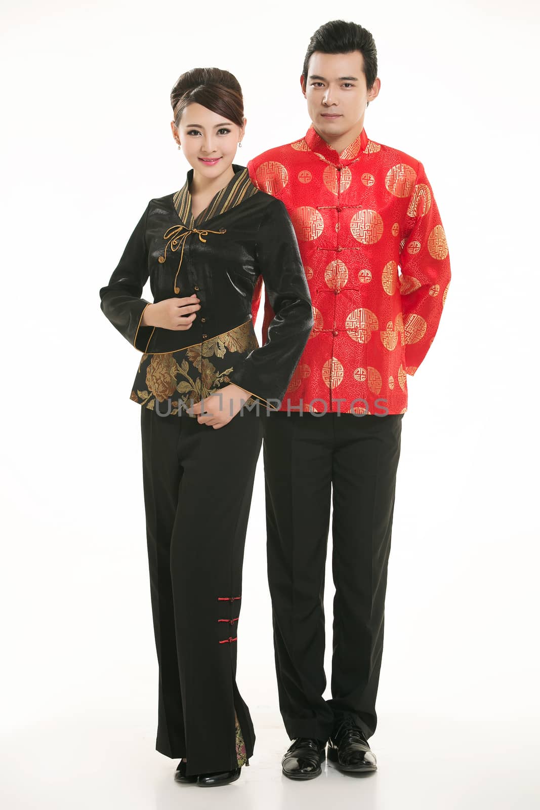 Wearing Chinese clothing waiter in front of a white background