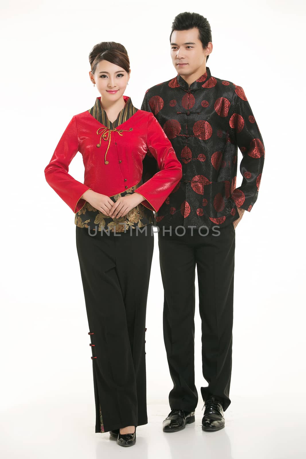 Wearing Chinese clothing waiter in front of a white background by quweichang