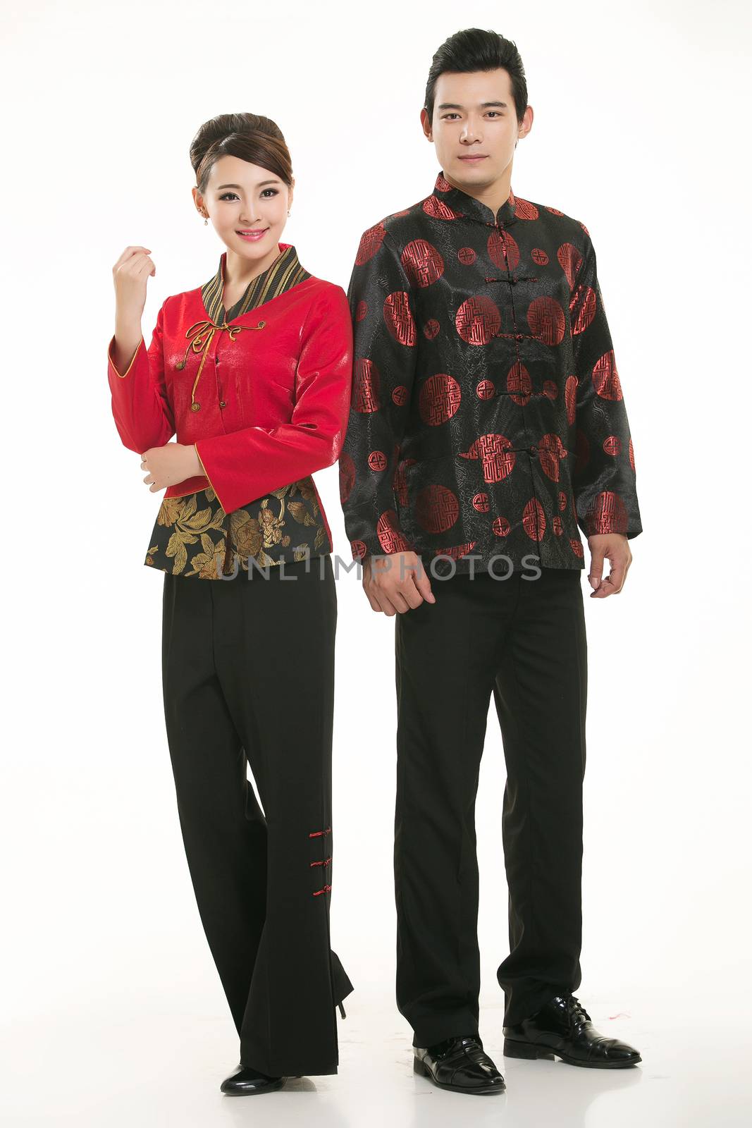 Wearing Chinese clothing waiter in front of a white background by quweichang