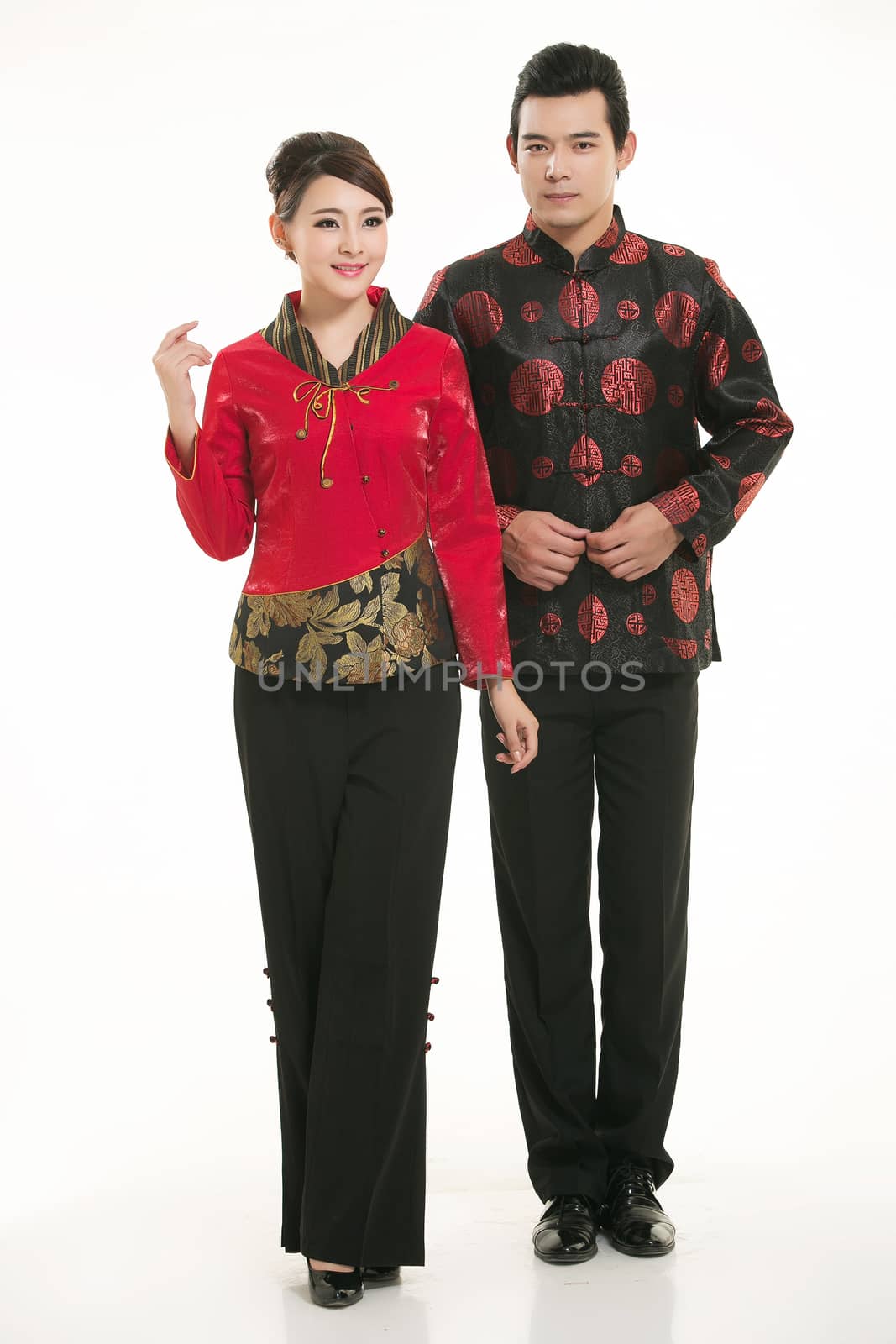 Wearing Chinese clothing waiter in front of a white background