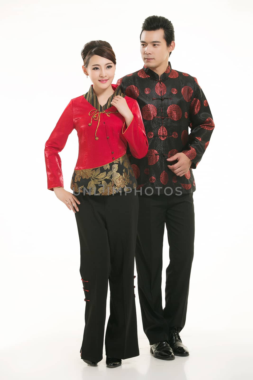 Wearing Chinese clothing waiter in front of a white background by quweichang