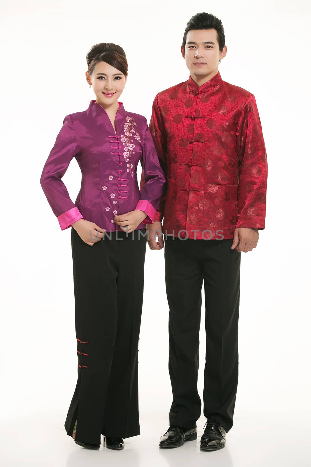 Wearing Chinese clothing waiter in front of a white background by quweichang