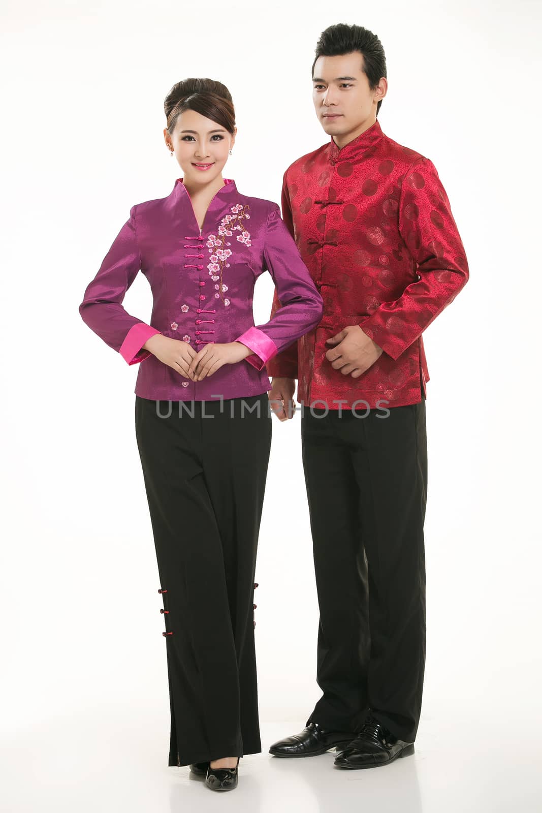 Wearing Chinese clothing waiter in front of a white background