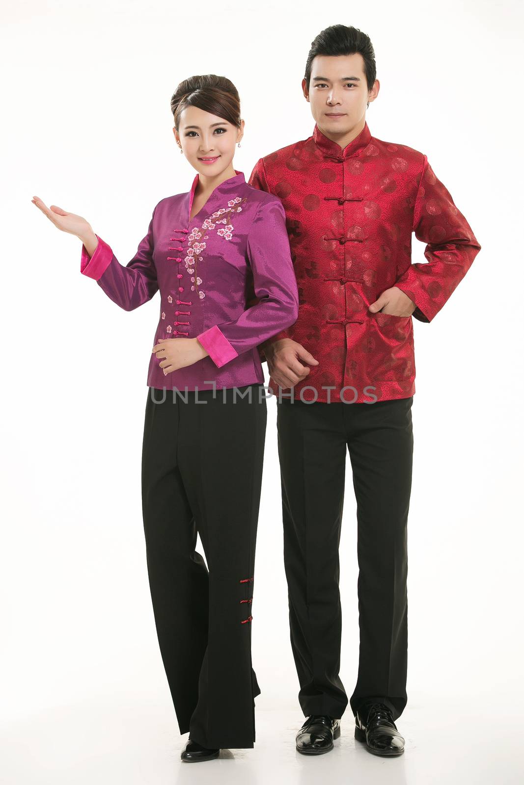 Wearing Chinese clothing waiter in front of a white background