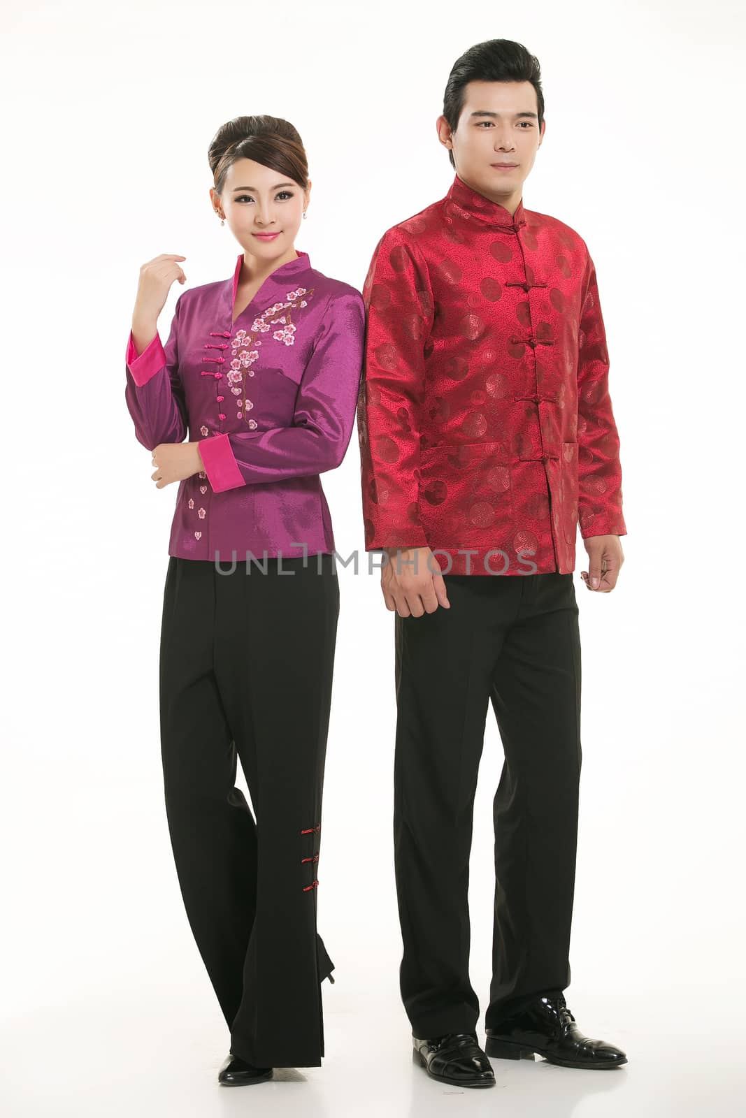 Wearing Chinese clothing waiter in front of a white background by quweichang