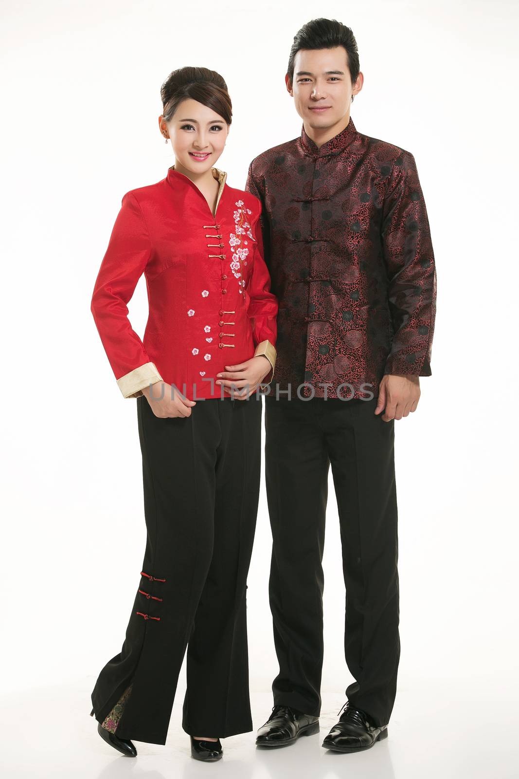 Wearing Chinese clothing waiter in front of a white background