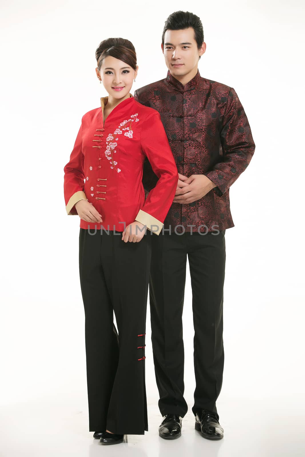 Wearing Chinese clothing waiter in front of a white background