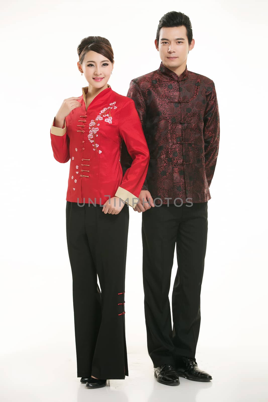 Wearing Chinese clothing waiter in front of a white background by quweichang