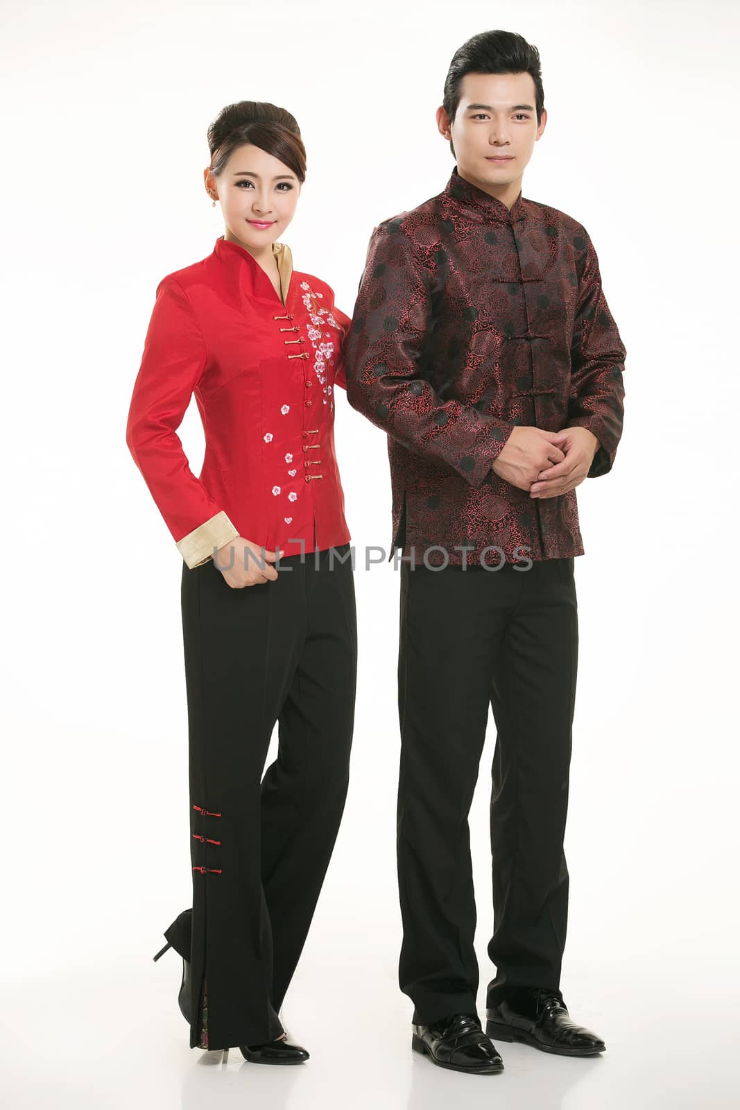 Wearing Chinese clothing waiter in front of a white background