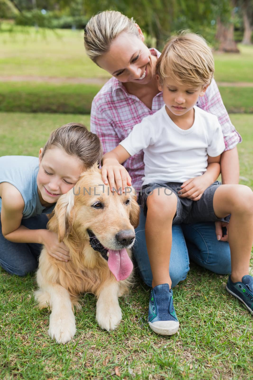 Happy family in the park with their dog on a sunny day