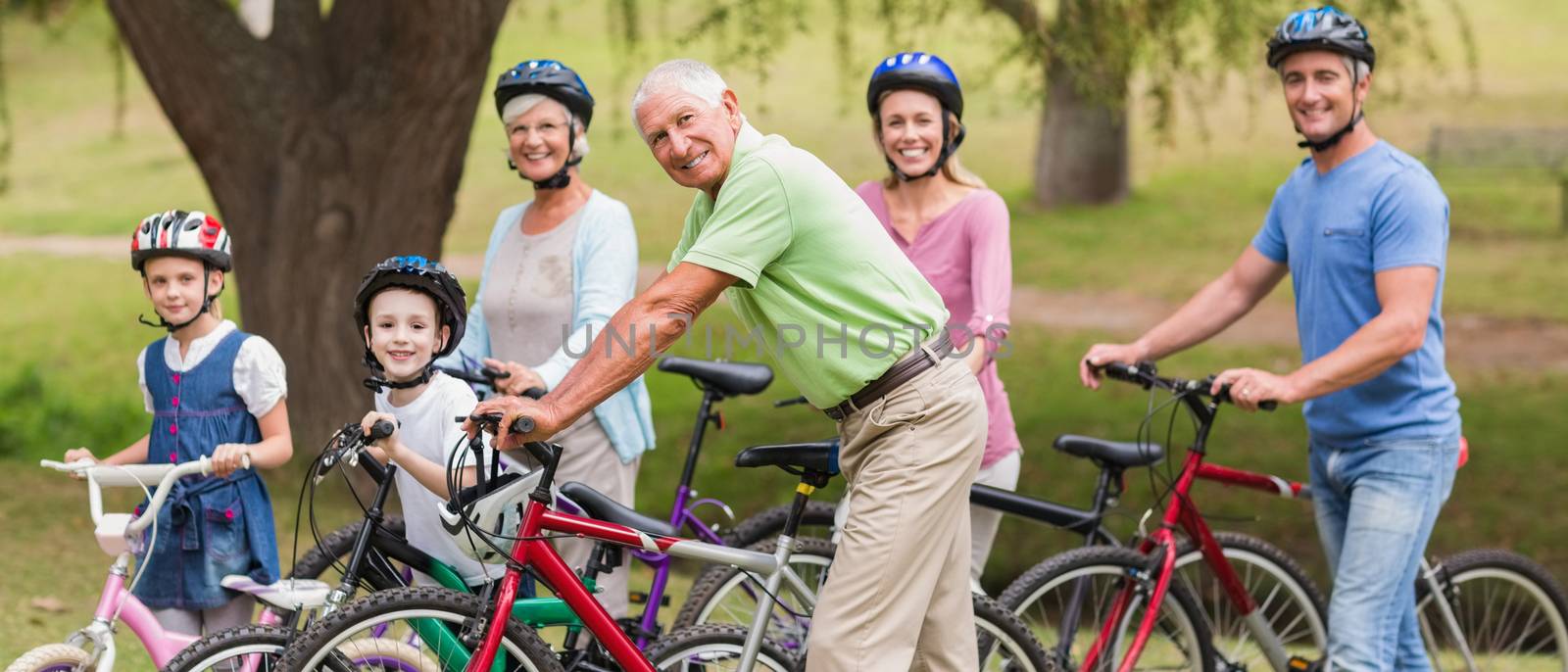 Happy family on their bike at the park on a sunny day